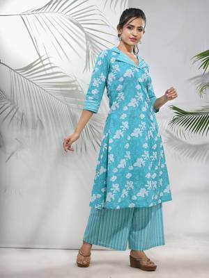 Sky blue cotton floral printed a-line kurta 3