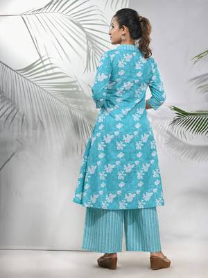 Sky blue cotton floral printed a-line kurta 4
