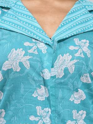 Sky blue cotton floral printed a-line kurta 5