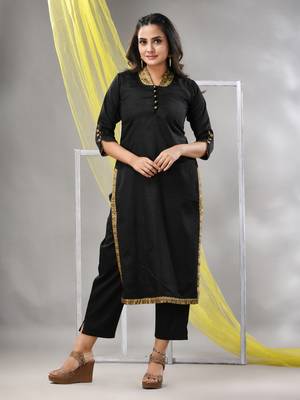 Black satin solid straight kurta 1
