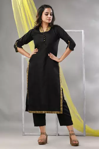 Black satin solid straight kurta