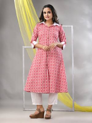Red cotton printed a-line kurta 1