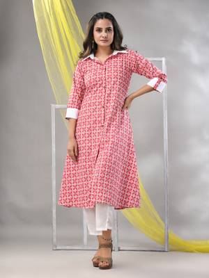 Red cotton printed a-line kurta 2