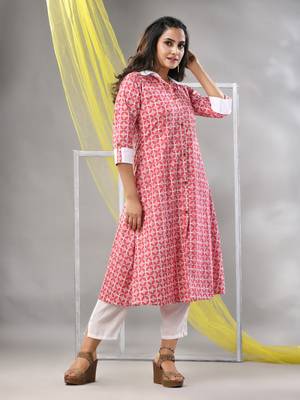 Red cotton printed a-line kurta 3