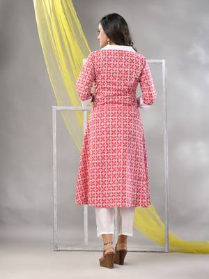 Red cotton printed a-line kurta 4