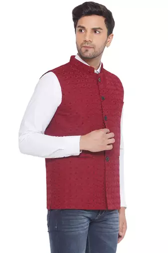 rayon sequence nehru jacket for men (maroon)