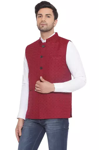 rayon sequence nehru jacket for men (maroon)