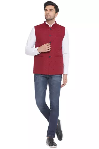 rayon sequence nehru jacket for men (maroon)