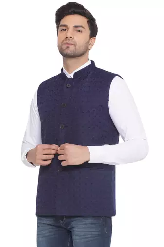 rayon sequence nehru jacket for men (blue)