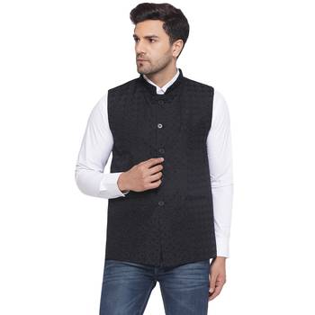 rayon sequence nehru jacket for men (black) 1
