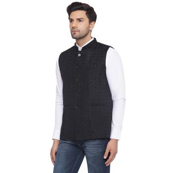 rayon sequence nehru jacket for men (black) 3