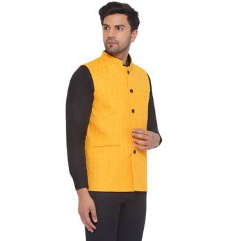 rayon sequence nehru jacket for men (yellow) 2