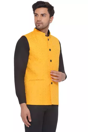 rayon sequence nehru jacket for men (yellow)