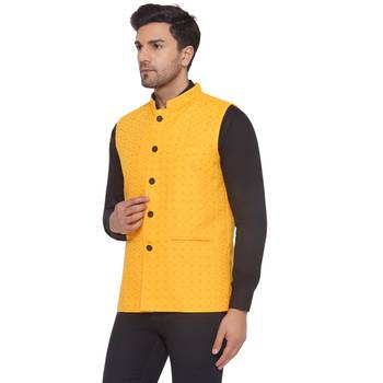 rayon sequence nehru jacket for men (yellow) 3