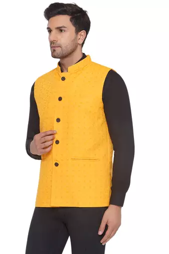 rayon sequence nehru jacket for men (yellow)