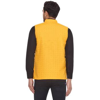rayon sequence nehru jacket for men (yellow) 4