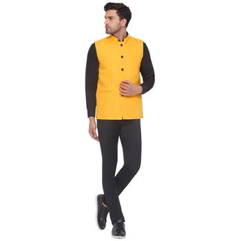 rayon sequence nehru jacket for men (yellow) 5