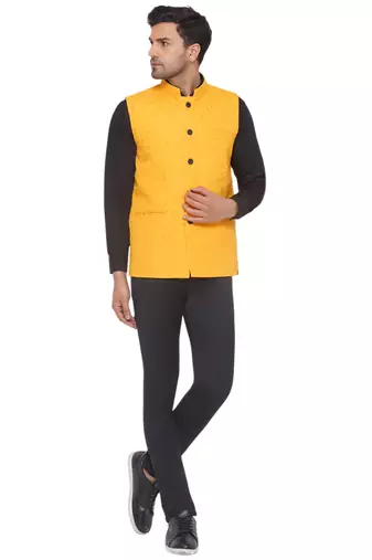 rayon sequence nehru jacket for men (yellow)