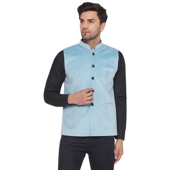velvet solid nehru jacket for men (blue) 1