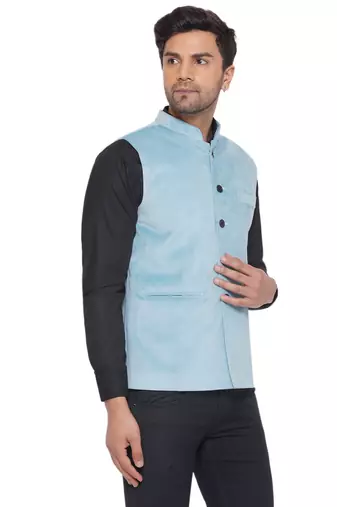 velvet solid nehru jacket for men (blue)