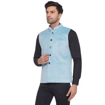 velvet solid nehru jacket for men (blue) 3
