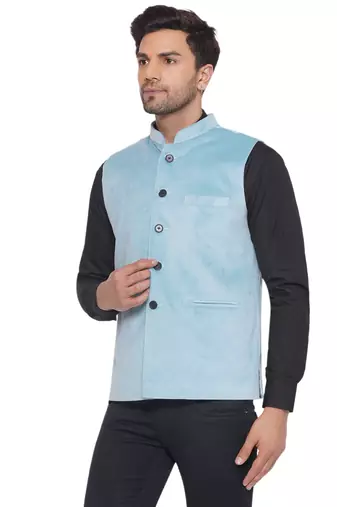 velvet solid nehru jacket for men (blue)