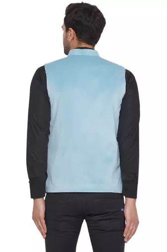 velvet solid nehru jacket for men (blue)