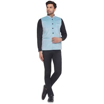 velvet solid nehru jacket for men (blue) 5