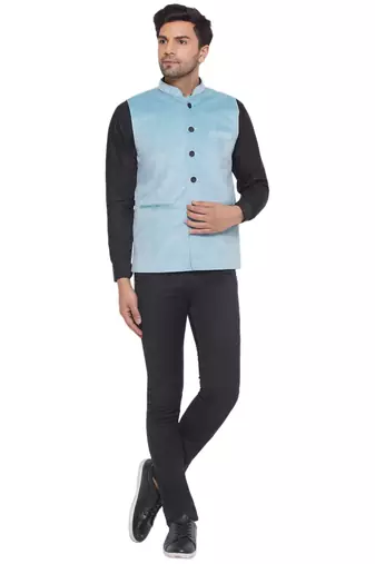velvet solid nehru jacket for men (blue)