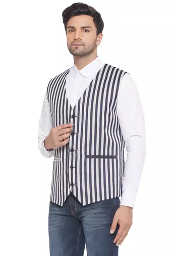 cotton poly striped waist coat for men (blue)