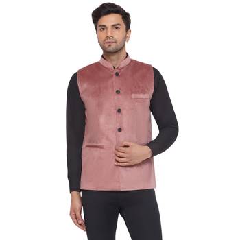 velvet solid nehru jacket for men (peach) 1