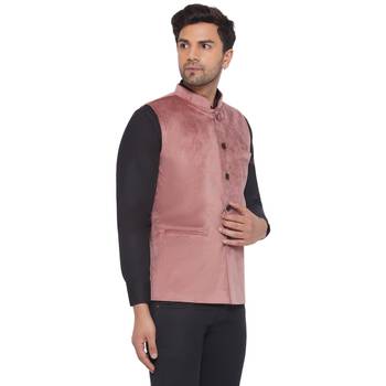 velvet solid nehru jacket for men (peach) 2