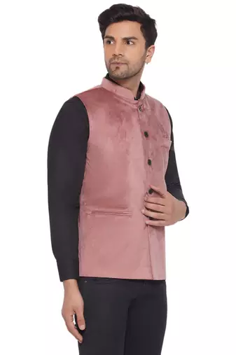 velvet solid nehru jacket for men (peach)