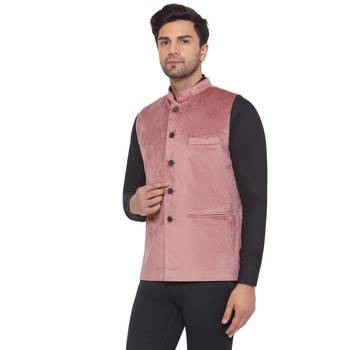 velvet solid nehru jacket for men (peach) 3