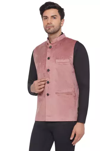 velvet solid nehru jacket for men (peach)