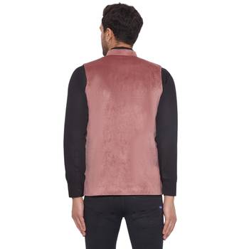 velvet solid nehru jacket for men (peach) 4