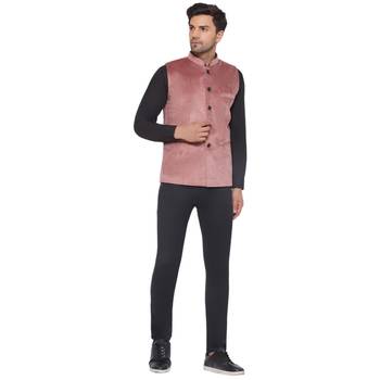velvet solid nehru jacket for men (peach) 5