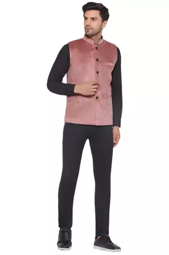 velvet solid nehru jacket for men (peach)