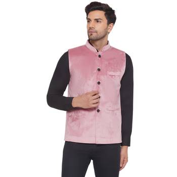 velvet solid nehru jacket for men (pink) 1