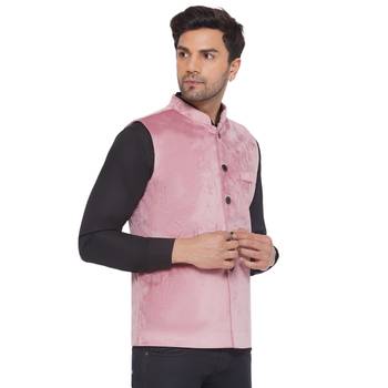 velvet solid nehru jacket for men (pink) 2