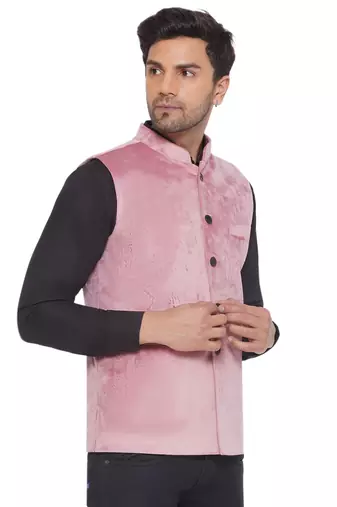 velvet solid nehru jacket for men (pink)
