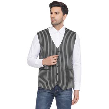 cotton poly striped waist coat for men (green) 1