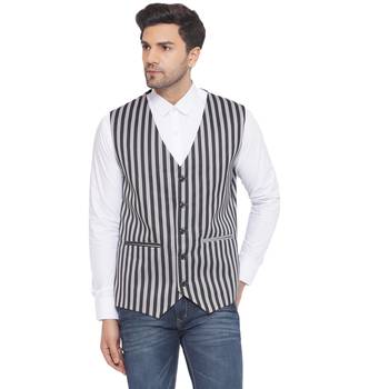 cotton poly striped waist coat for men (grey) 1