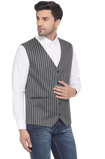 cotton poly striped waist coat for men (green)