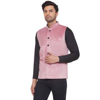 velvet solid nehru jacket for men (pink) 3