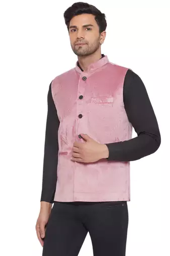 velvet solid nehru jacket for men (pink)
