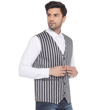 cotton poly striped waist coat for men (grey) 2