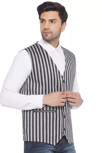 cotton poly striped waist coat for men (grey)