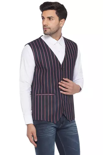 cotton poly striped waist coat for men (blue)