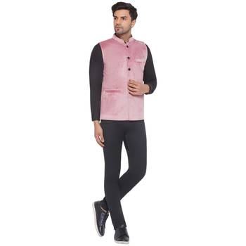 velvet solid nehru jacket for men (pink) 5